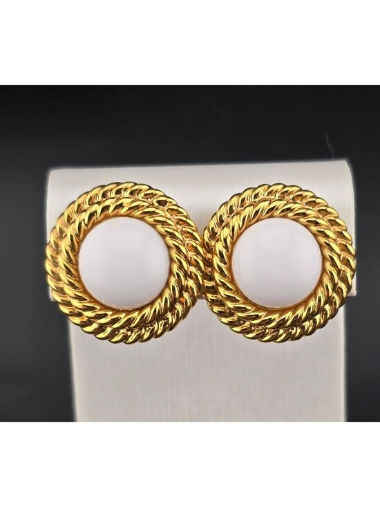 Napier Jewelry - Vintage Napier Gold Tone Rope White Cabochon Pierced Earrings